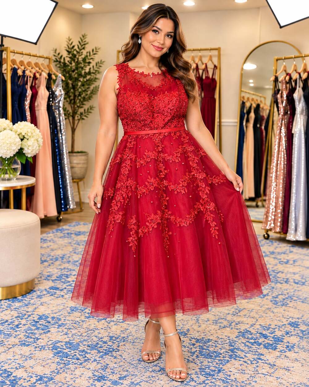Red Lace Tulle Embroidered Fit & Flare Formal Cocktail Midi Dress Size 12